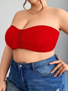SHEIN CURVE+ 前拉链加大码迷你衬垫文胸背心，加大曲线，波西米亚度假夏季/乡村/海滩度假服装/海滩服装/海滩装 - 紅色 - 查看 5