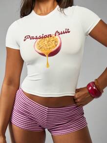 MISSGUIDED Passion Fruit Graphic Baby Tee Summer Crop Top Festival Vacation Beachwear Y2K Retro Fitted Short Sleeve Tshirt