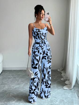 SHEIN Tall Women's Casual Floral Print Lace-Up Backless Cami Jumpsuit With Wide Leg Summer Jumpsuit Casual Jumpsuit Vacation Jumpsuit Leaf Print Jumpsuit Wide Leg Jumpsuit
