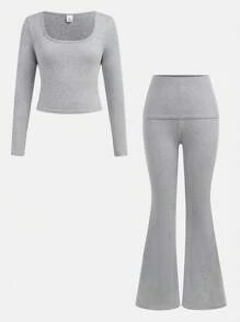SHEIN Girlism Teen Girl Casual Minimalist Comfortable Square Neck Long Sleeve T-Shirt And Flare Pants Set Fall Winter - Grey - View 1