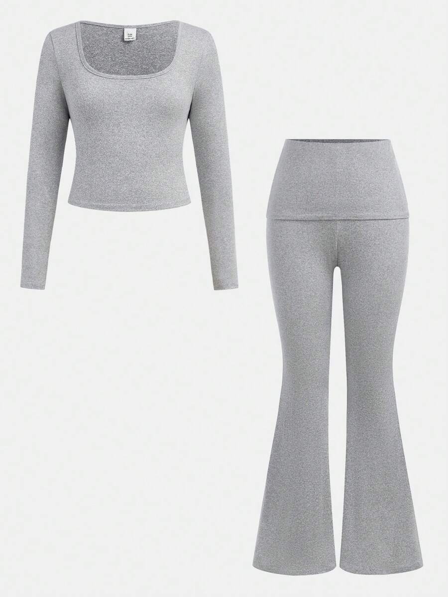 SHEIN Girlism Teen Girl Casual Minimalist Comfortable Square Neck Long Sleeve T-Shirt And Flare Pants Set Fall Winter - Grey - View 1