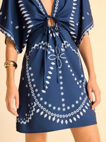 CAJUNI Women's Resort Casual Boho Navy Blue & Floral Print V-Neck Batwing Sleeve Adjustable Waist Tie Vacation Style Short Dress