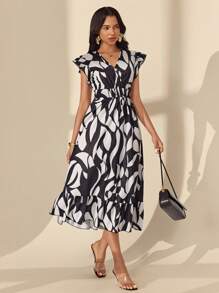 Chiquease Damen elegantes Kleid mit geometrischem Muster in Länge - Schwarz und Weiss - Übersicht 3