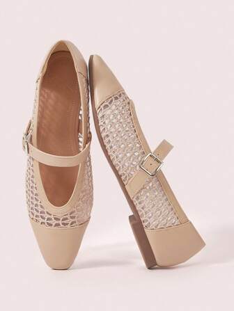 CUCCOO DOLLMOD Black Square Toe Mesh Splice Soft Bottom Breathable Hollow Out Retro Fashion Flats For Women, Suitable For Daily, Commuting, Party, Casual Walking