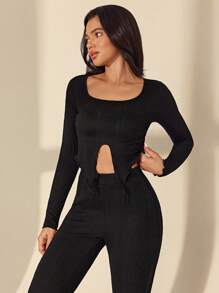 SHEIN Unity 2pcs Women Elegant Knitted Top And Flared Pants Set Fall Cloth For Women - Black - View 5
