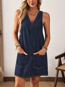 EMERY ROSE 女式无袖宽肩带口袋休闲夏季时尚牛仔连衣裙 - 深色水洗藍 - 查看 4