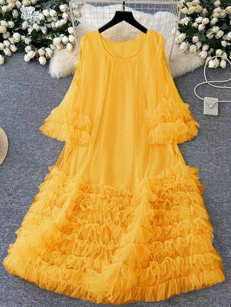 DreamSkyne Abito a strati in rete con scollo rotondo e maniche corte, elegante e delicato, adatto per vacanze, primavera, vestiti da spiaggia per donne taglie forti