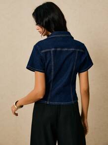 Poéselle Casual Front Button Short Sleeve Women Denim Jackets, Old Money, Business Casual Woman, Fall Women Clothes