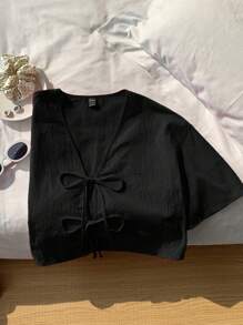 Comfortcana Plus Size Summer Casual Solid Color Front Tie Short Sleeve Shirt Crop Blouse Tie Up Top