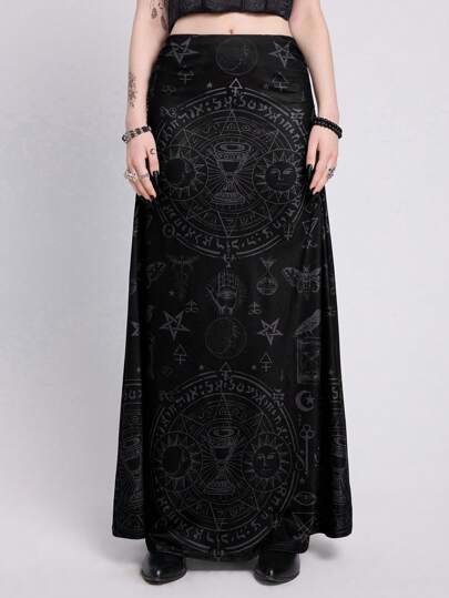 EDITION Falda larga de estilo gótico bohemio con estampado de estrella y luna de talle bajo
