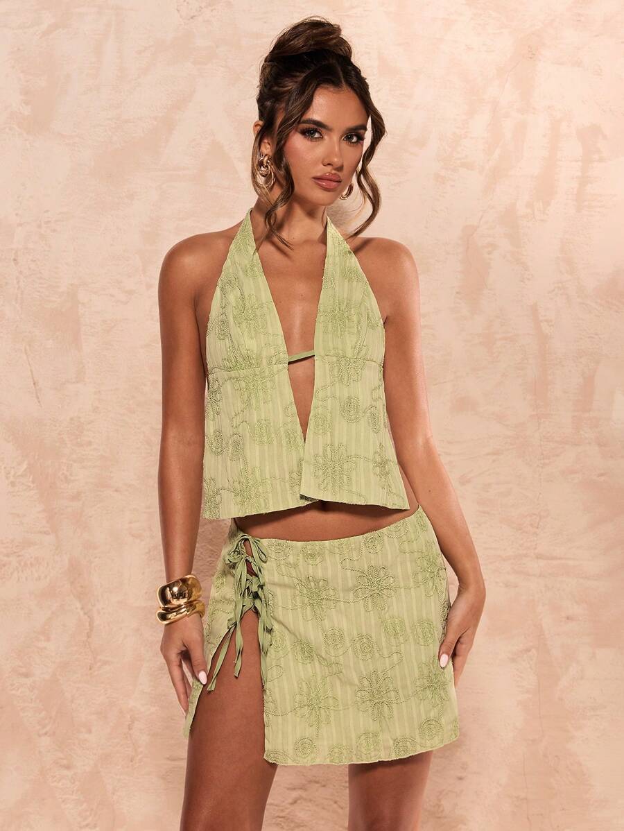 SHEIN BAE Váy mini xẻ tà thêu họa tiết chéo thời trang mùa hè cho nữ - màu xanh lá - Xem 1