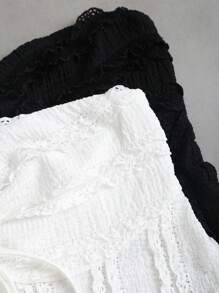 Sweetra 2pcs Textured Fabric Bandeau Top With Pleated Tie Details, Black & White Set