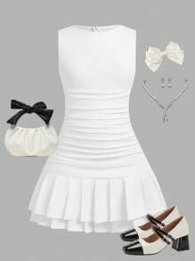 SHEIN Serisse Kids Vestido curto casual para meninas adolescentes com decote redondo, sem mangas, franzido lateral e tie-dye