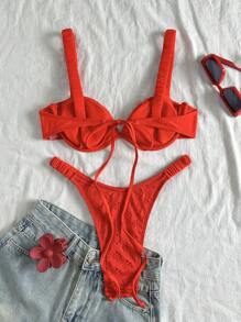 Swim Mod Bộ đồ bơi bikini 2 mảnh màu trơn có gọng, dây đeo nâng ngực và quần hở lưng màu đỏ cho nữ, phong cách kỳ nghỉ bãi biển dễ thương - Đỏ - Xem 8