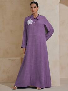 Graceveil Relaxed-Fit Long Sleeve Dress With Collar Applique And Turn-Up Cuffs, Elegant & Casual