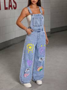 Teen GirlNew Floral, Heart, Rainbow & Graffiti Design Casual Comfortable Soft Denim Jumpsuit ,Y2k Denim Overalls