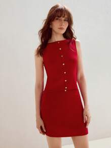 MOTF PREMIUM 纯金属细节修身无袖针织上衣和裙子毛衣套装 - 紅色 - 查看 4