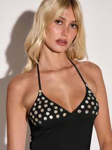 MUSERA 露背V领纽扣细节短款修身吊带背心，适合度假、Y2K、90年代街头风、酷女孩、节日、假日、性感、可爱、休闲、锐舞派对、外出等场合，秋季必备单品。 - 黑色 - 查看 2