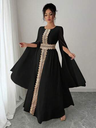 Rafferiza 女士优雅开衩袖超长袖雪纺连衣裙，金色亮片花卉装饰，A字腰