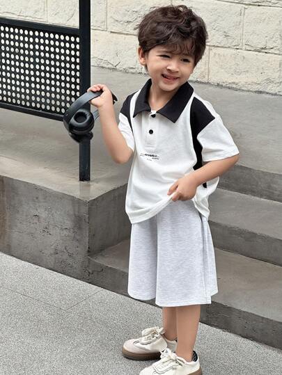 DAZY 2pcs Young Boys Size Polo Collar Color Block Print Short Sleeve T-Shirt And Shorts Set, Summer