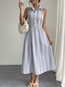 Women's Striped Button Half-Placket Halter Casual Mid-Length Dress - Blue - View 4