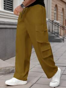 Manfinity Homme Plus Size Men's Drawstring Waist Cargo Pockets Loose Casual Pants - Brown - View 6