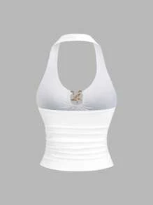 Sweetra Top halter con escote profundo en V, decorado con hebilla de metal, en estilo retro y sensual