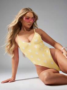 Missguided x Playboy MISSGUIDED Costume da bagno intero con stampa a coniglietti, stile brasiliano, costume da bagno estivo per spiaggia e piscina