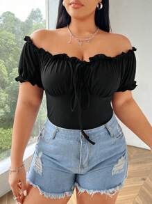 Flirla Plus Size Solid Color Off-Shoulder Strappy Slim Fit T-Shirt - Black - View 1