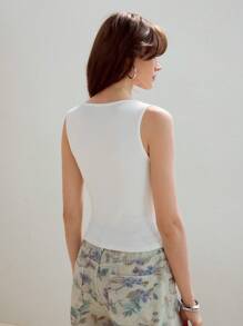 MOTF PREMIUM STEREO FLOWER AND FAUX PEARL DETAIL RIB-KNIT SLIM FIT TANK TOP - White - View 3