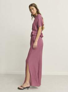 Nöista Top y pantalones holgados con cuello en V, mangas abullonadas, cintura con volantes escalonados y cordones. Casual, elegante y cómodo, perfecto para vacaciones en la playa y atuendos de aeropuerto