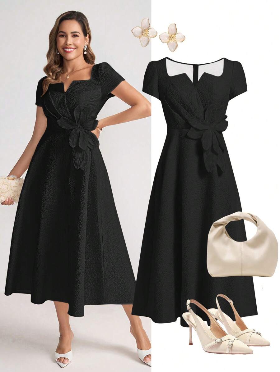 Ellevyn Women's Solid Color 3D Floral Decor Short Sleeve Elegant Long Dress - Black - View 1