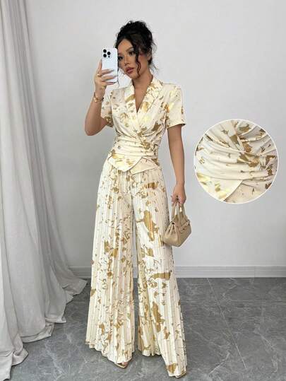 Elenzga Halloween Costume Champagne Foil Fabric Wrap Top And Wide Leg Pleated Pants 2 Pieces Set For Women