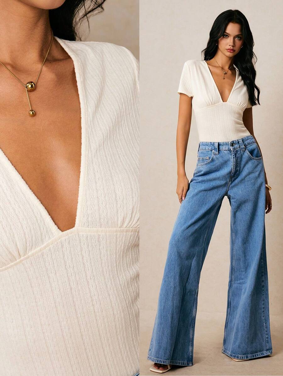 Poéselle Camiseta de manga corta de verano, elegante y entallada, con cuello en V profundo de unicolor para mujer
