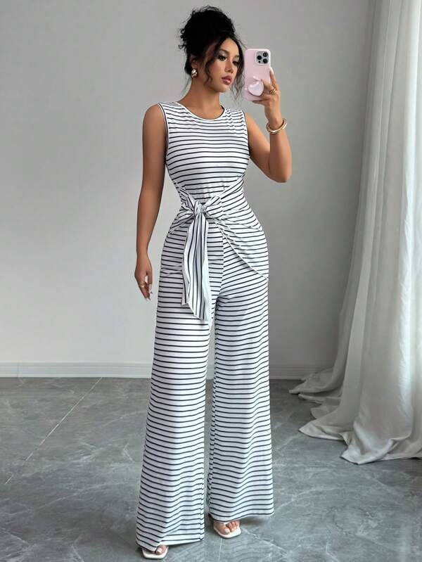 Elenzga Women's Casual Commuting Jumpsuit With Round Neck, Black & White Striped Bowknot Detail, Suitable For Graduation, Back To School, Independence Day, Commuting And Daily Casual Wear