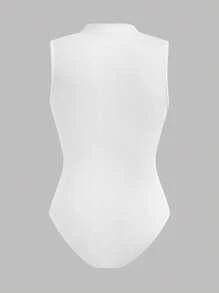 SHEIN Girlism 青少年女孩针织纯白色休闲立领褶皱无袖紧身衣，适合休闲日常穿着白色紧身衣 青少年女孩白色紧身衣 - 白色 - 查看 2