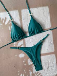 SHEIN Swim 2件套女士休闲度假简约纯色露背系带比基尼上衣和下装套装