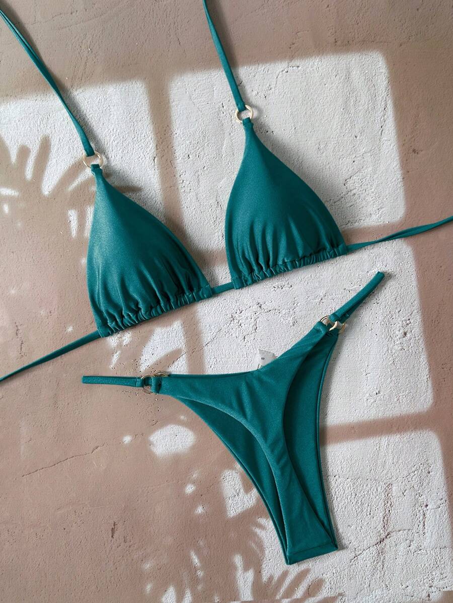 SHEIN Swim 2件套女士休闲度假简约纯色露背系带比基尼上衣和下装套装