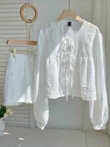 Comfortcana Conjunto casual de 2 piezas con camisa blanca de encaje tejido y pantalones cortos - Blanco - Ver 8