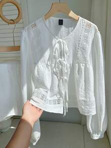 Comfortcana Conjunto casual de 2 piezas con camisa blanca de encaje tejido y pantalones cortos - Blanco - Ver 7