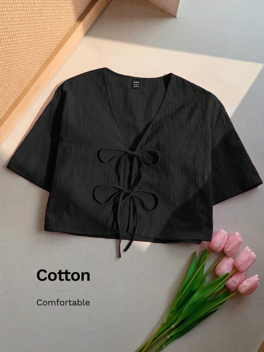 Comfortcana Plus Size Summer Casual Solid Color Front Tie Short Sleeve Shirt Crop Blouse Tie Up Top