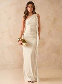 SHEIN BAE Vestido elegante de mujer de gasa con cuello asimétrico, plisado, espalda abierta, borde con volantes y largo maxi, para vacaciones en la playa, primavera/verano