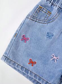 Conjunto de 2 piezas de niña joven de mezclilla: top sencillo + pantalones cortos vaqueros. Conjunto de 2 piezas de niña joven elegante y lindo: blusa de tirantes y pantalones cortos vaqueros bordados - Azul lavado medio - Ver 7