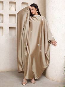 Al Najma 女式露背蝴蝶结装饰仿珍珠镂空蝙蝠袖土耳其连衣裙 - 卡其色 - 查看 7