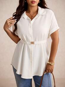 Elaquor Plus Size Casual Commuting Metal Buckle Waist Batwing Sleeve Blouse - White - View 6