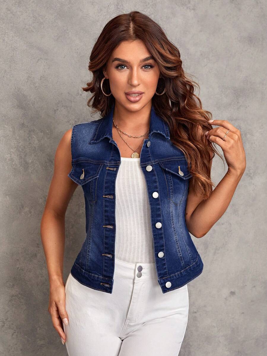 EMERY ROSE 女士夏季无袖休闲牛仔夹克 - 深色水洗藍 - 查看 1