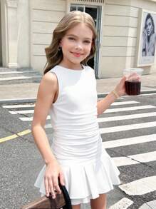 SHEIN Serisse Kids Vestido curto casual para meninas adolescentes com decote redondo, sem mangas, franzido lateral e tie-dye