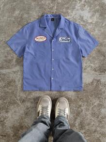 PAVTROS Manfinity Streetrush Men's Casual Striped & Letter Print Short Sleeve Shirt, Summer,Fashionable Casual, Streetwear, Preppy Style Items, Versatile Collared Button-Down Shirt, Suitable For A Boyfriend's Gift