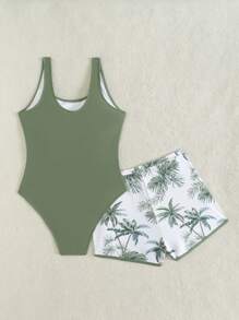 SHEIN Áo tankini Racerback trơn màu cho bé gái tuổi teen có quần bơi in họa tiết cây nhiệt đới - xanh quân đội - Xem 2
