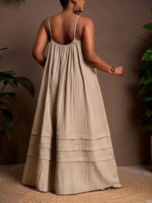 Veslaya Vestido holgado de color albaricoque con tirantes sin mangas, con bolsillos, dobladillo con volantes en capas, tela con textura tejida, vestido de talla grande - F, nueva colección Primavera/Verano 2025